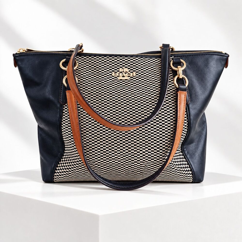 Coach Ava Tote Black Ivory Woven Colorblock Leather Trim Gold Hardware